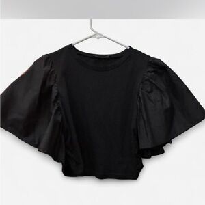 On Twelfth L Crop Top Black oversized Ruffle flutter Sleeve